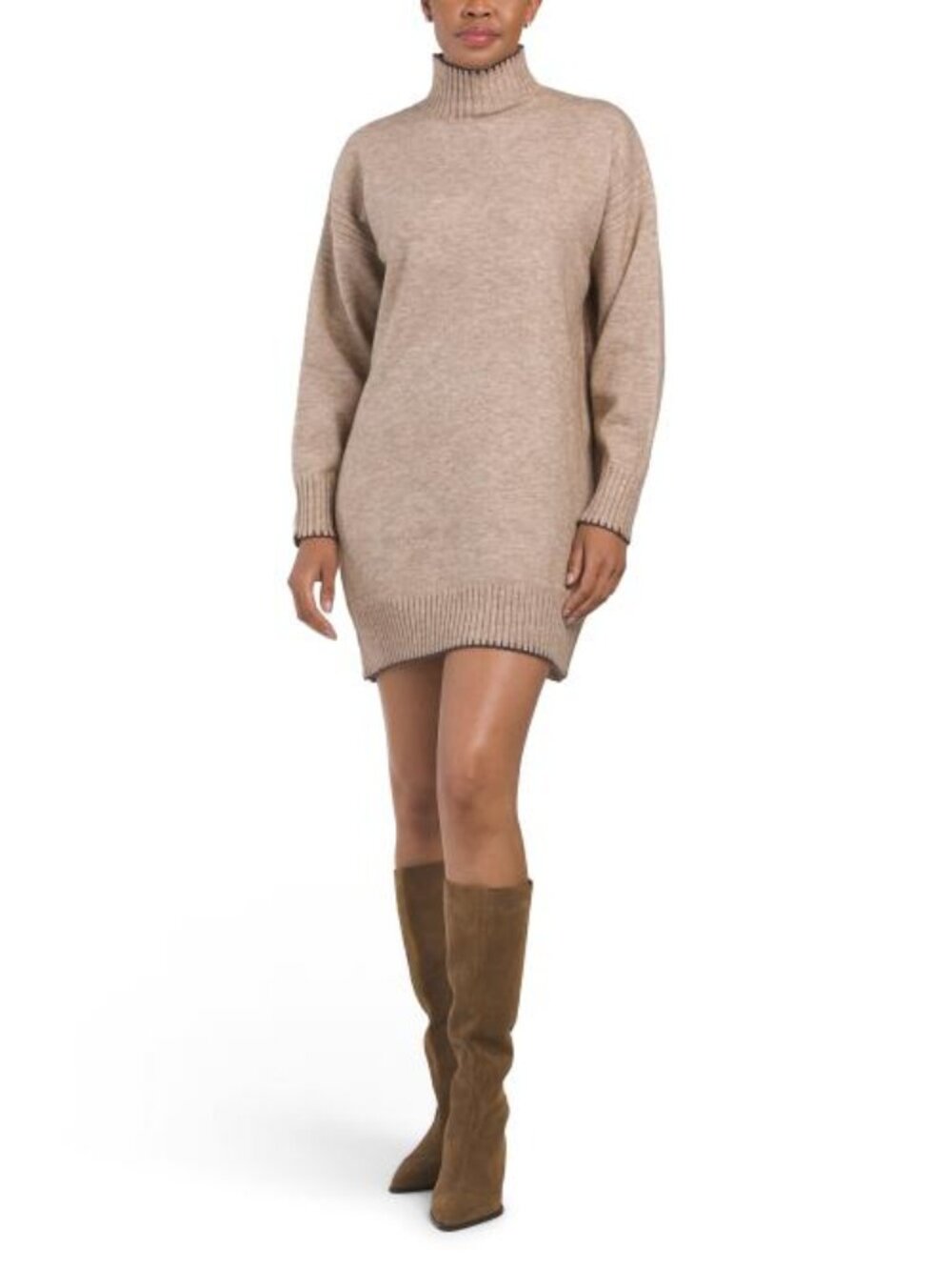 MAX STUDIO LONDON Long Sleeve Turtleneck Whipstitch Trim Mini Sweater Dress